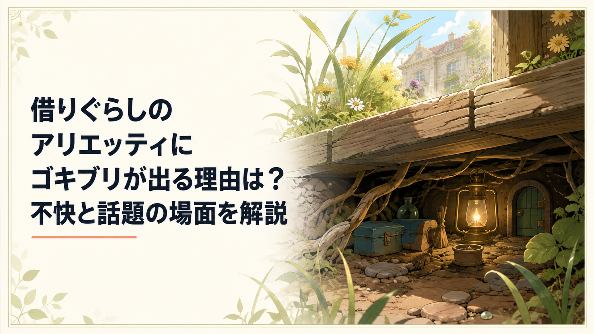 小人の視点で見た古い屋敷の床下と庭、小さな住人の暮らしを感じる幻想的な風景