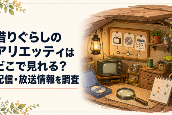 古い屋敷の床下にある小人の部屋でテレビ放送とDVDレンタルの案内を確認する場面