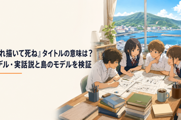伊豆大島を思わせる青い海と港町を背景に漫画原稿へ向き合う高校生たちの青春風景