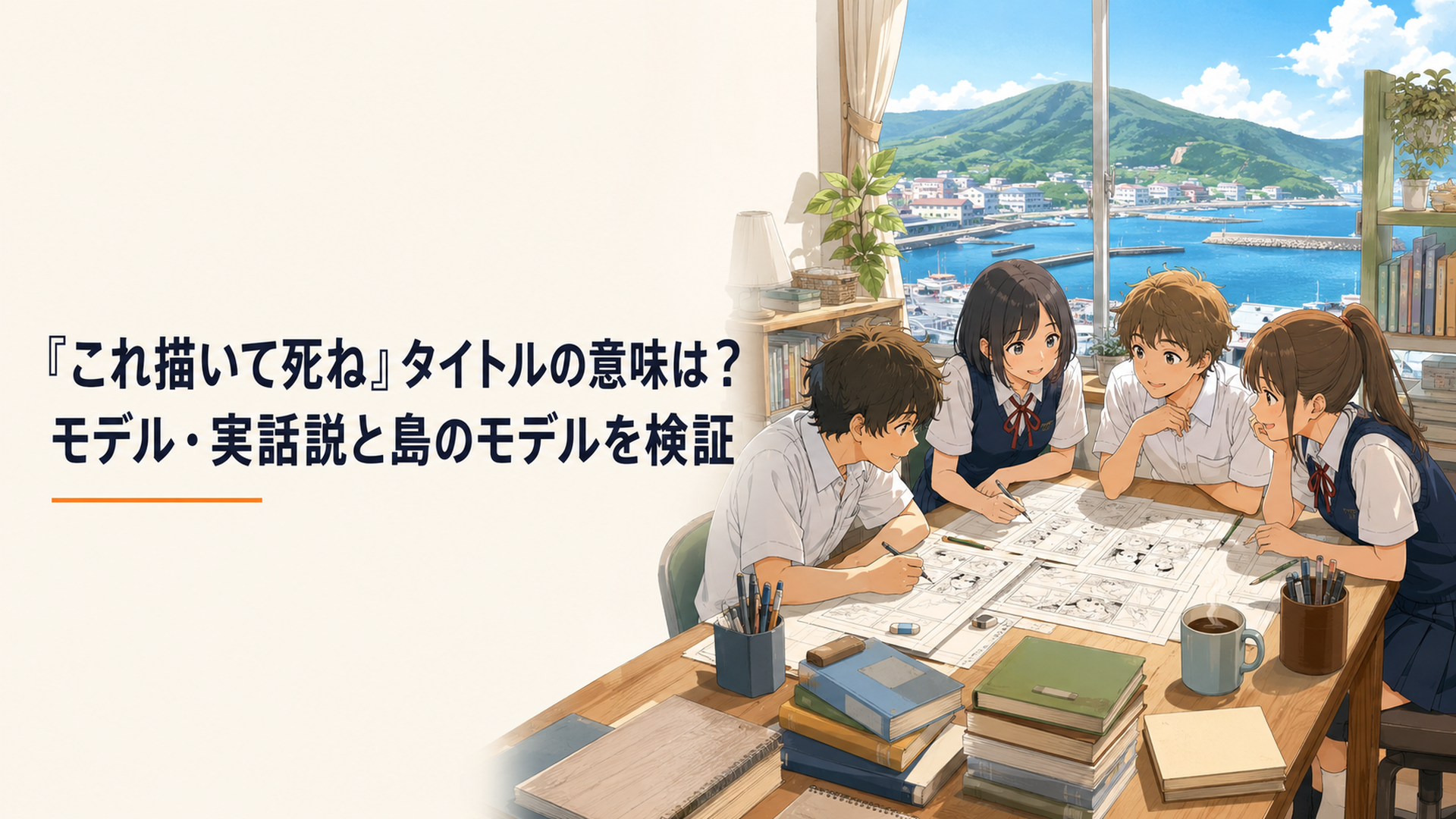 伊豆大島を思わせる青い海と港町を背景に漫画原稿へ向き合う高校生たちの青春風景