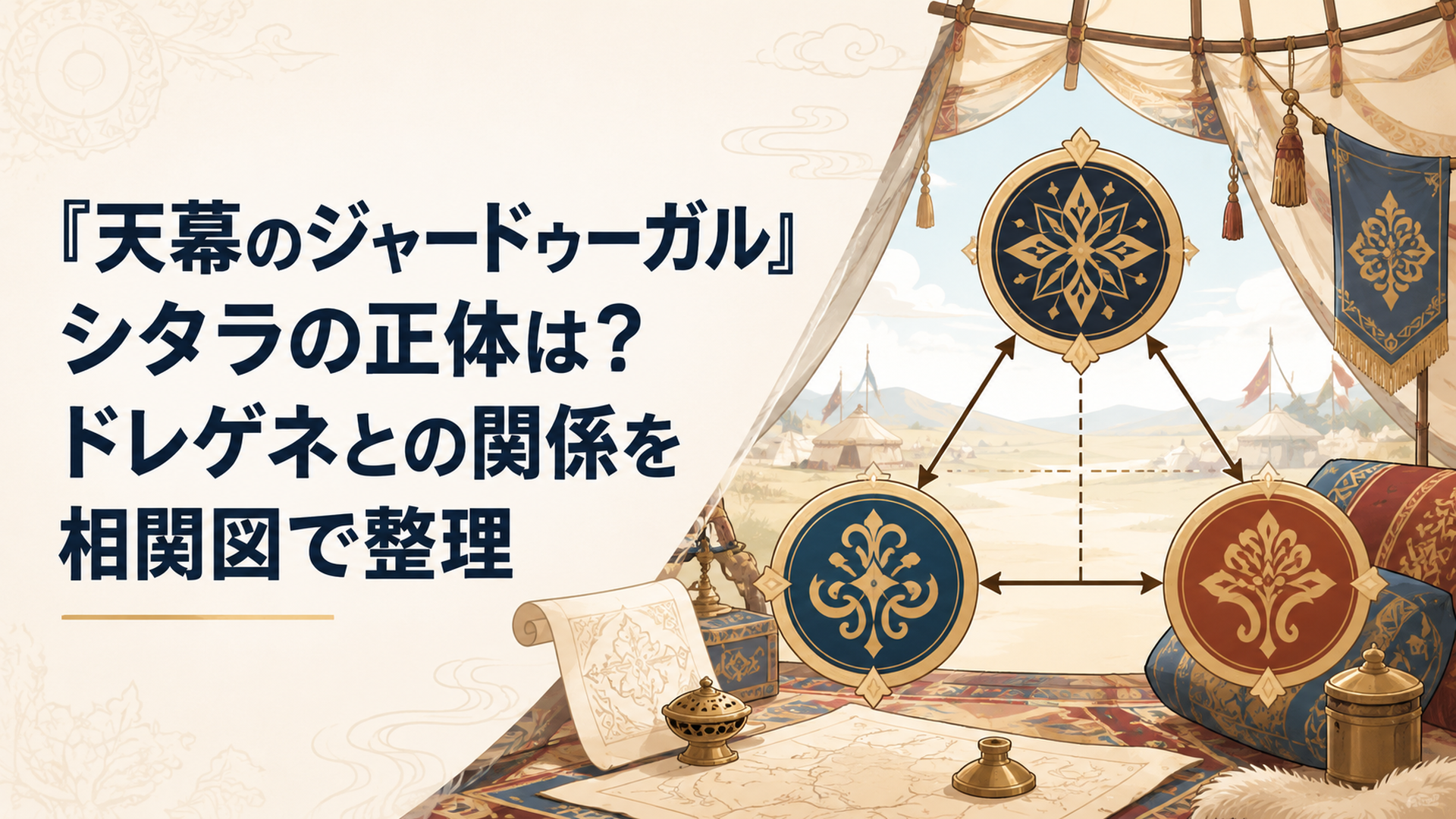 13世紀モンゴル帝国の天幕を背景にシタラとドレゲネ、ファーティマとの関係を象徴的に表した歴史漫画風イメージ