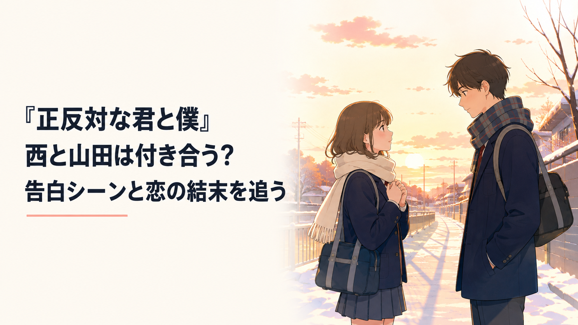 冬の夕暮れの帰り道で互いの気持ちを伝えようと向き合う高校生の男女を象徴する青春風景