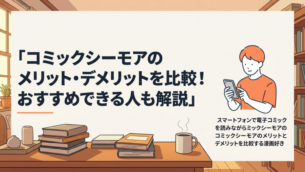 スマートフォンで電子コミックを読みながらコミックシーモアのメリットとデメリットを比較する漫画好き