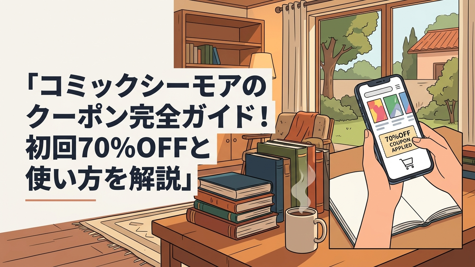 スマートフォンでコミックシーモアの70%OFFクーポンを確認しながら購入する漫画を選ぶ様子