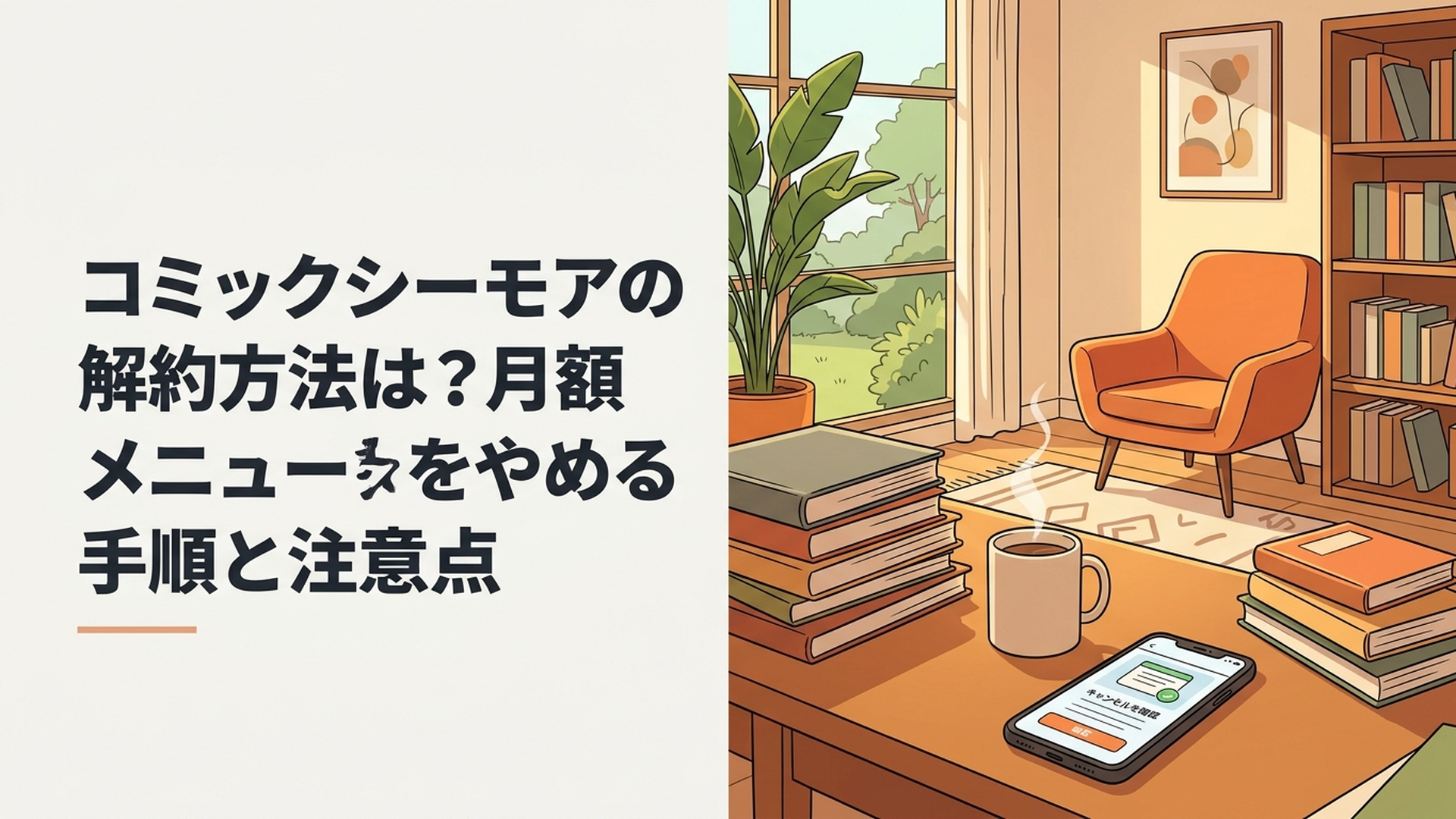 スマートフォンのWebブラウザでコミックシーモアの月額メニュー解約手順を確認する様子