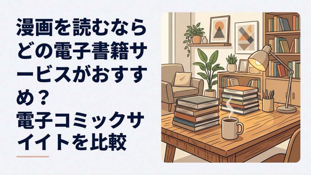 スマートフォンとタブレットに複数の漫画作品が並び9つの電子書籍サービスを比較しているシーン