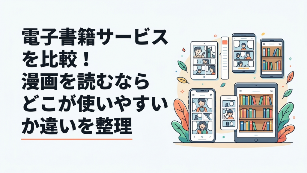 スマートフォンとタブレットに7つの電子書籍サービスを並べ漫画の読みやすさや本棚を比較する様子