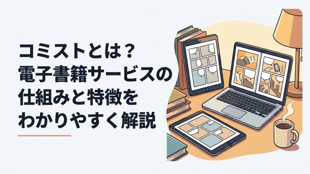 スマートフォンとタブレットとパソコンで電子漫画を読む様子