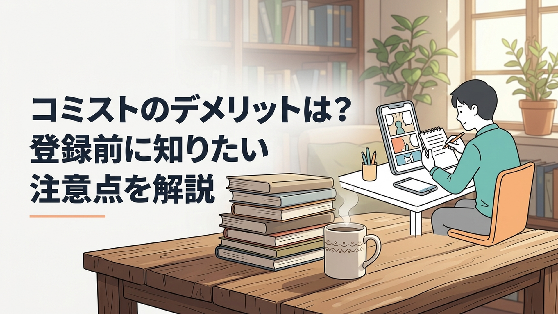 スマホで電子コミックを読みながらコミストの5つのデメリットを確認する漫画好きの男性