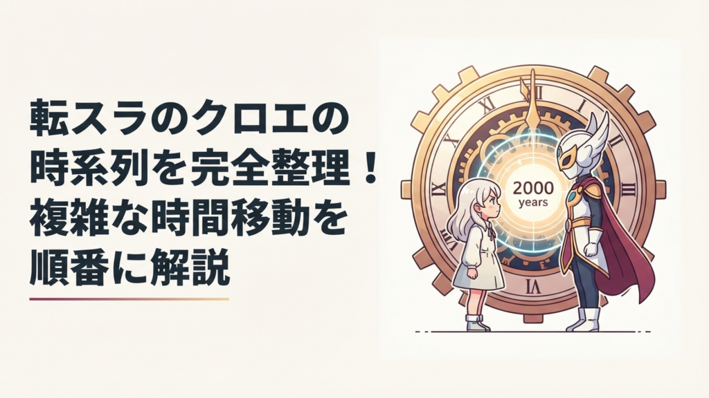 巨大な時計と2000年の時の輪を背景に少女クロエと仮面の勇者クロノアが向かい合う幻想的な構図