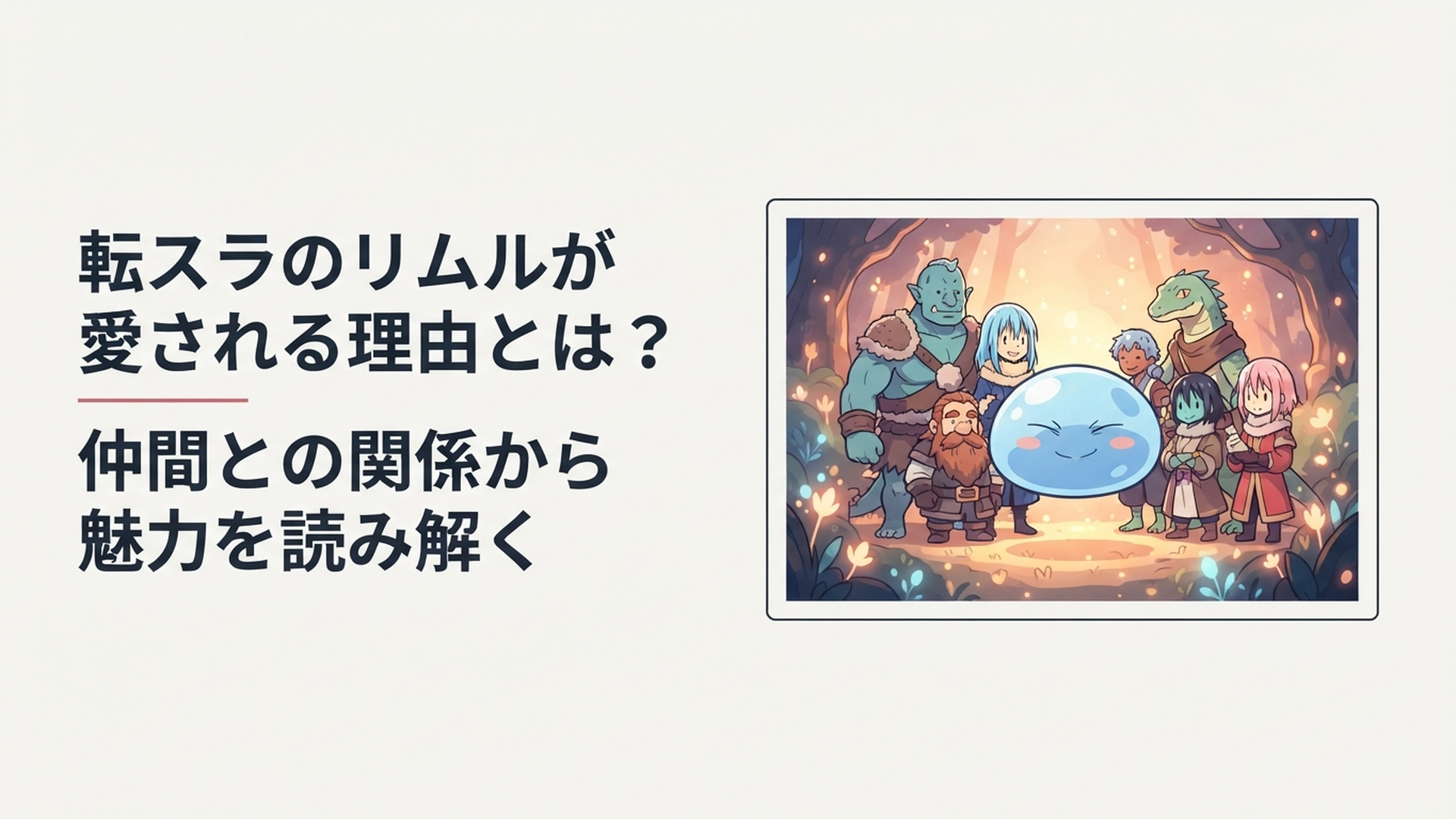 多種族の仲間たちの中心で楽しそうに笑う青いスライムの盟主をイメージした幻想的なシーン