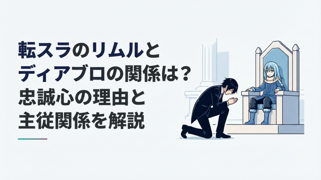 玉座に座るリムルへ黒髪のディアブロが恭しく一礼する主従関係をイメージしたシーン