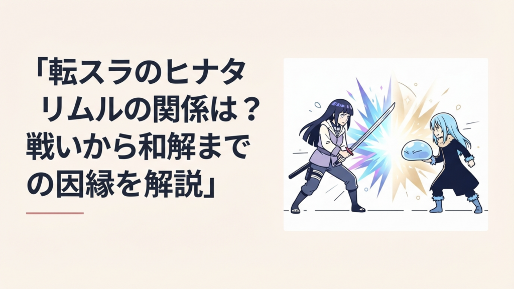 剣を構えるヒナタと向かい合うリムル、敵対から和解へ変化する関係を光で表現した場面