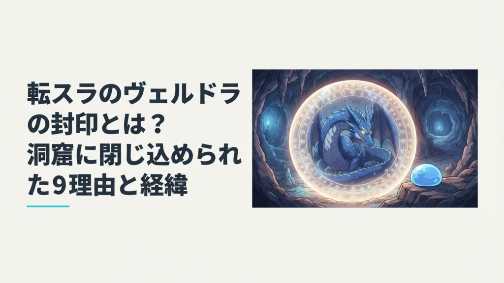 洞窟の奥で無限牢獄に封印された暴風竜ヴェルドラとスライム姿のリムルが向き合う場面