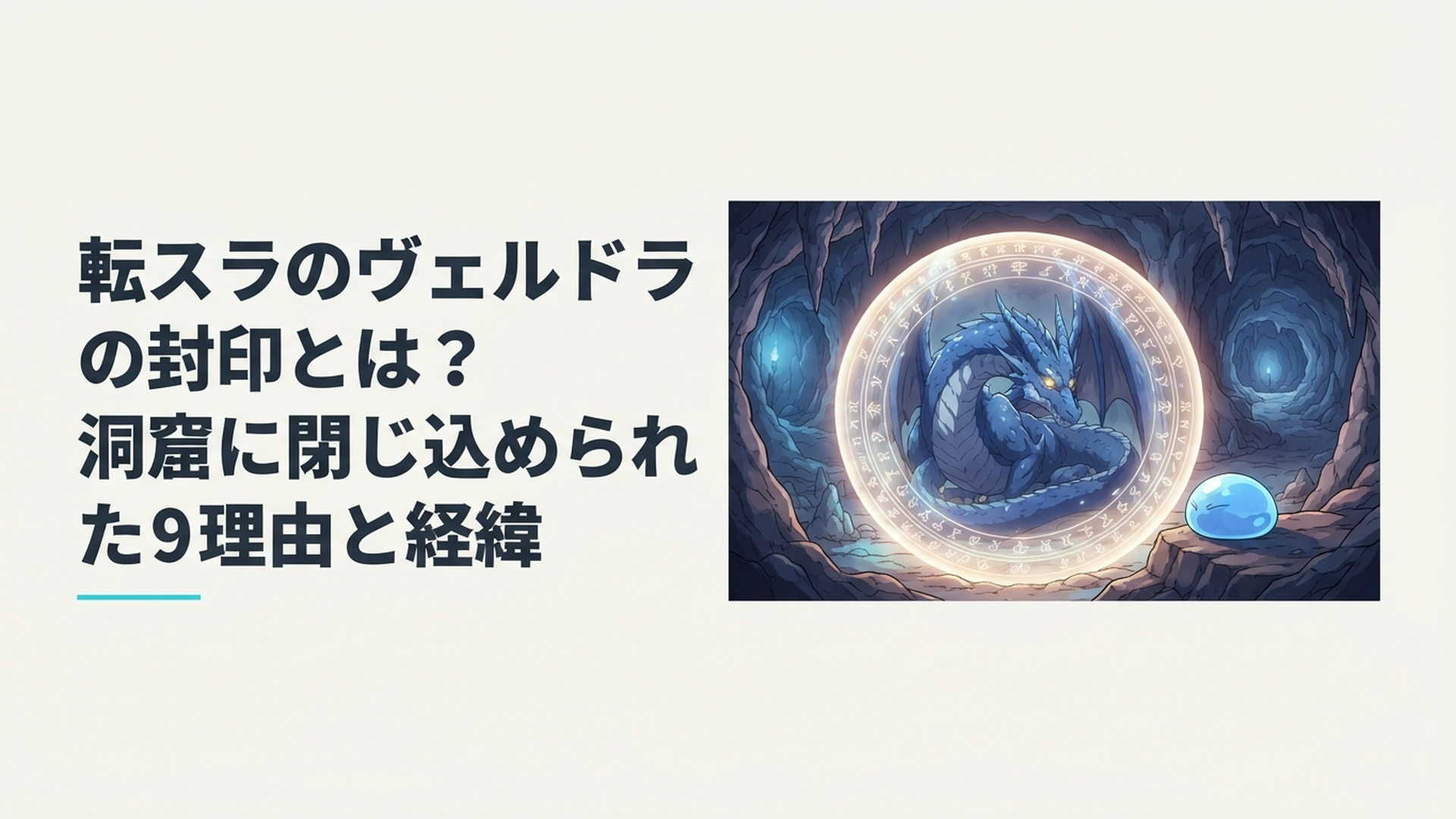 洞窟の奥で無限牢獄に封印された暴風竜ヴェルドラとスライム姿のリムルが向き合う場面
