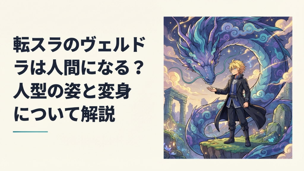 巨大な暴風竜ヴェルドラと金髪の青年のような人型ヴェルドラを対比した幻想的なシーン