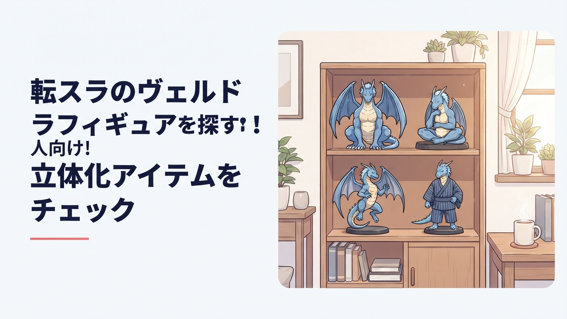 転スラのヴェルドラをイメージした通常姿・座り姿・躍動的な姿・甚平姿のフィギュアが並ぶコレクション棚