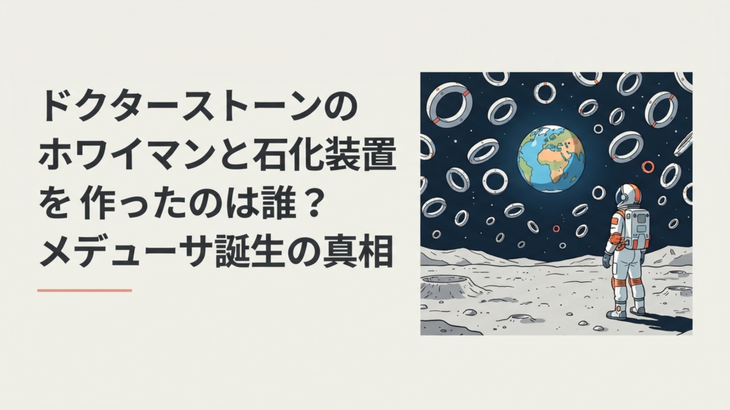 月面に浮かぶ無数のリング状石化装置と地球、その謎に挑む宇宙服姿の科学者をイメージしたSFシーン