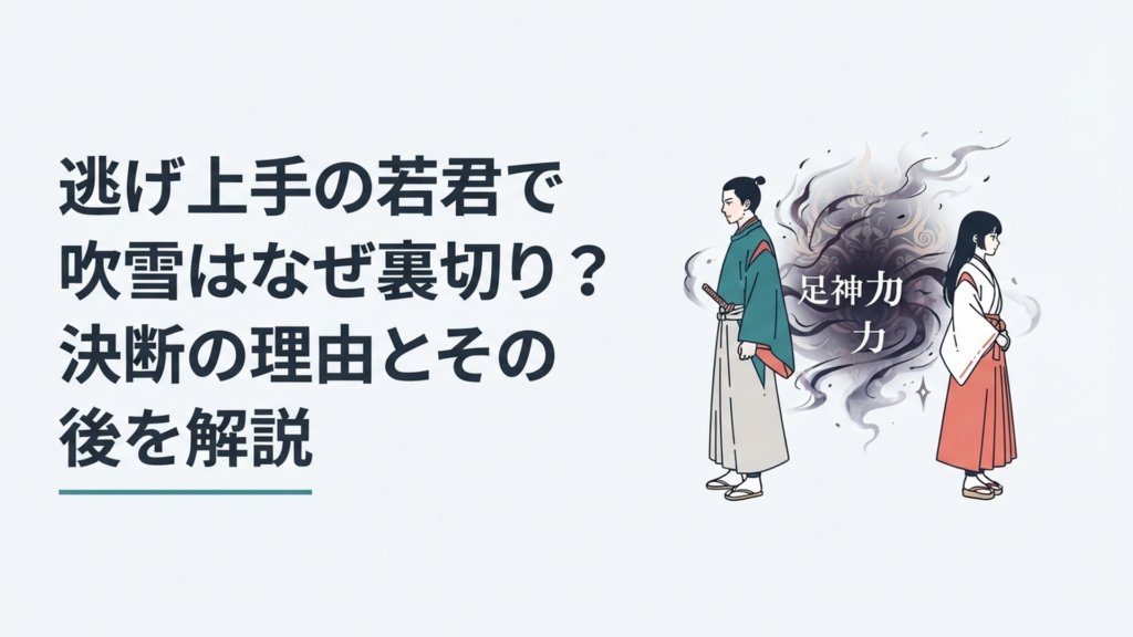 北条時行と吹雪が背を向け合い、その間に足利尊氏の不気味な神力が広がる場面