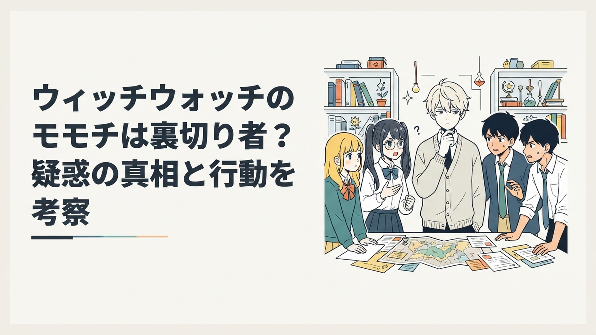 モモチを中心にニコやモリヒトたちが並び裏切り者疑惑を検証する緊張感のある場面