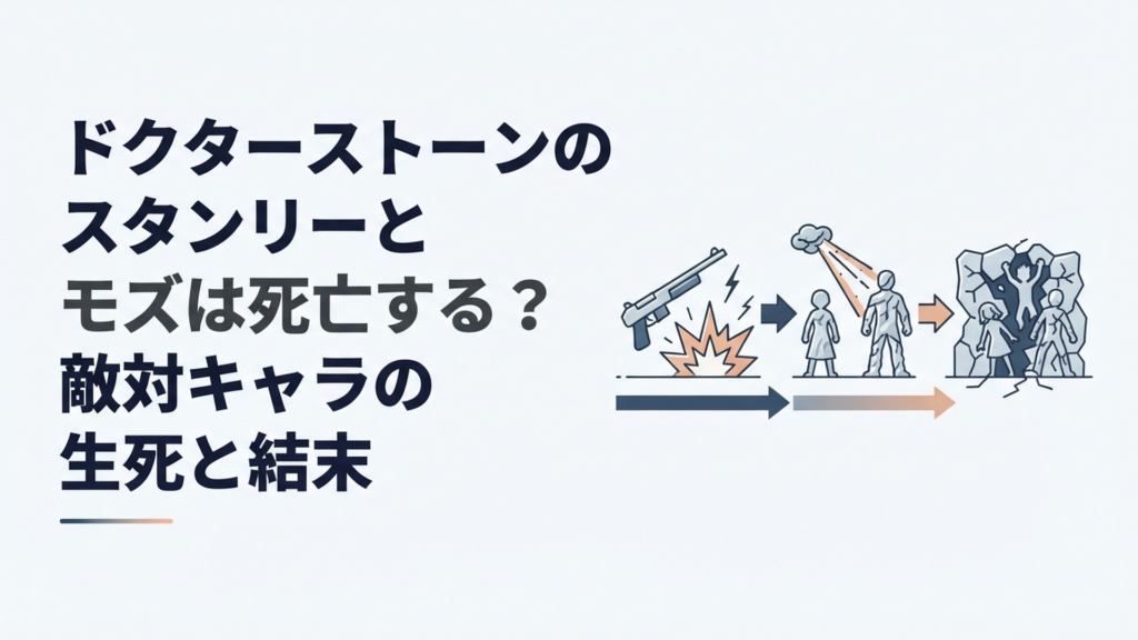 スタンリーとモズの死亡説を銃撃・石化・復活の時系列で対比する緊迫したイメージ