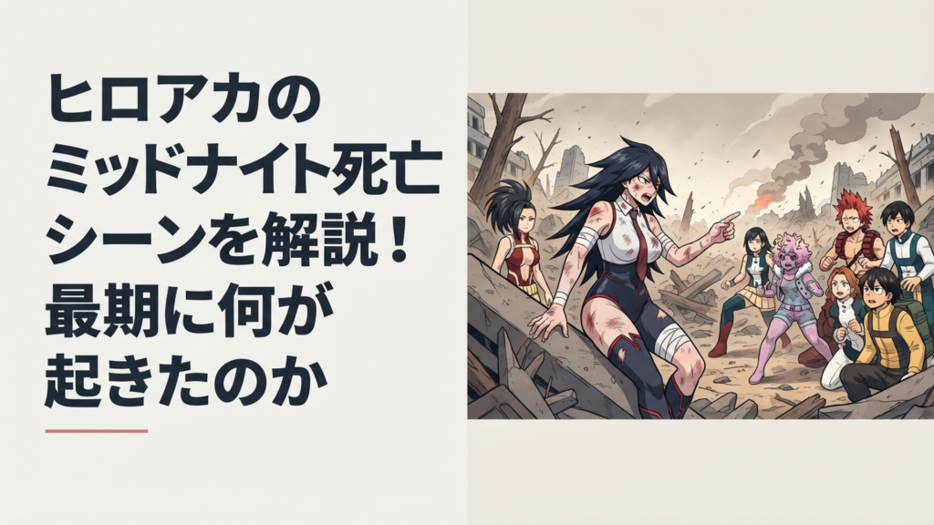 ギガントマキア阻止作戦の戦場で傷つきながら生徒へ指示を託すミッドナイトをイメージした緊迫感あるシーン