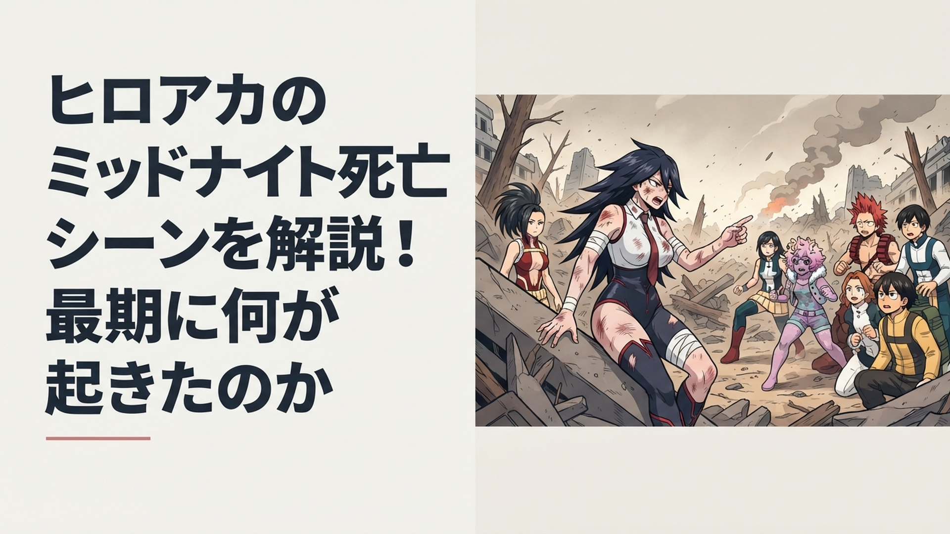 ギガントマキア阻止作戦の戦場で傷つきながら生徒へ指示を託すミッドナイトをイメージした緊迫感あるシーン