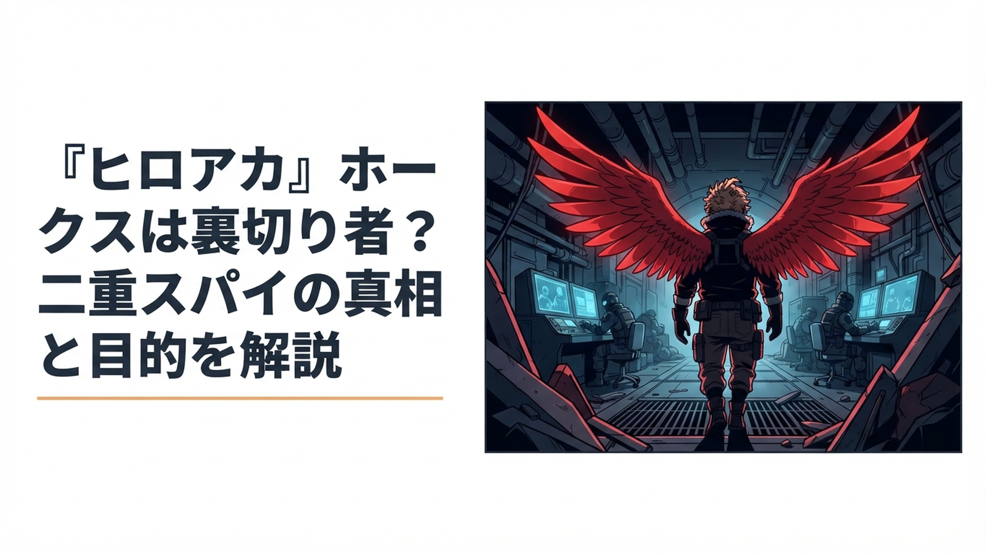 赤い翼を広げながら敵組織へ潜入するホークスをイメージした緊迫感のあるシーン