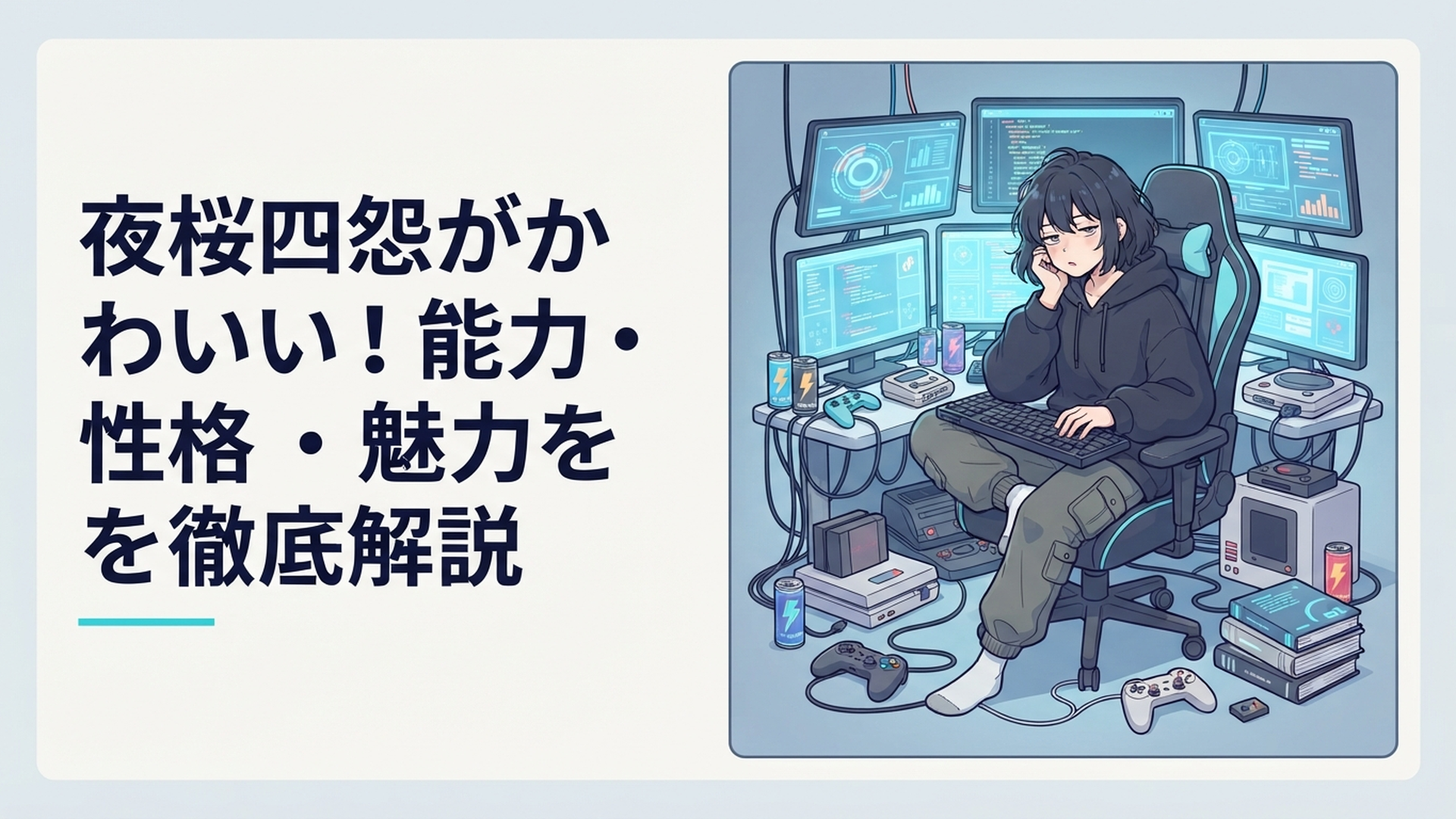 複数のモニターとゲーム機に囲まれ気だるそうに端末を操作する天才ハッカーの女性キャラクター