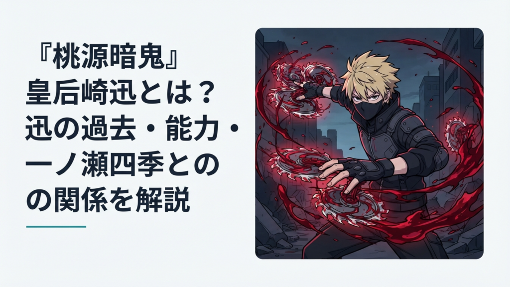 黒いマスクを着けた金髪の少年が血から複数の丸鋸状の武器を生み出して構えるダークなバトルシーン