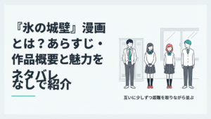放課後の高校を背景に、互いに少しずつ距離を取りながら並ぶ高校生男女4人の青春群像劇風イメージ