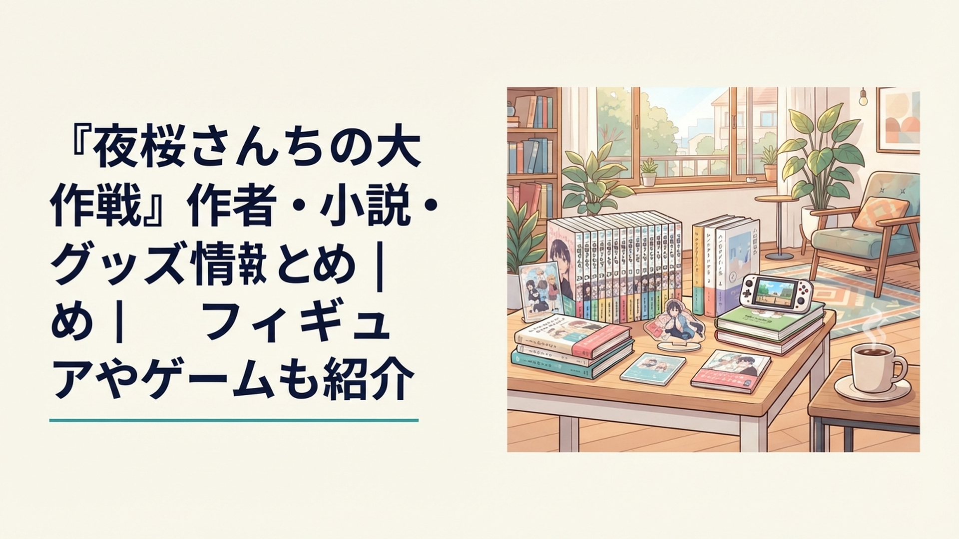 夜桜さんちの大作戦の漫画29巻と小説3冊、アクリルグッズやゲーム画面を一緒に楽しむファンのイメージ