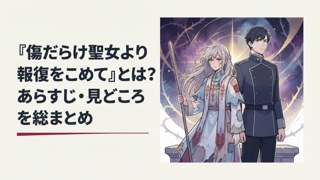 傷を抱えた聖女ルーアと第二王子スウェンが並び復讐への決意を見せる幻想的なシーン
