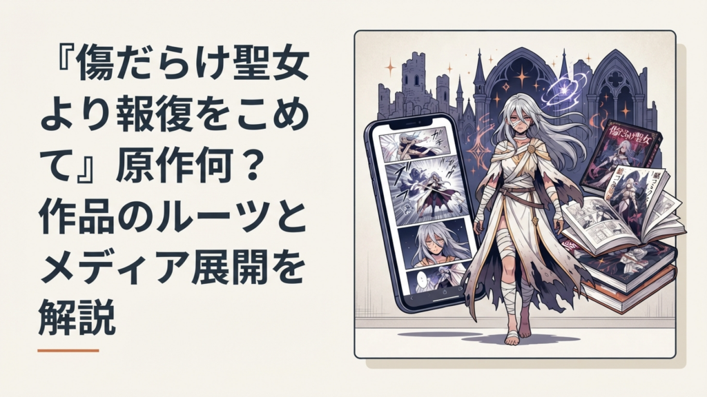 傷ついた聖女ルーアの背後にスマートフォンの縦読み漫画と紙コミックスが広がるダークファンタジー調のシーン