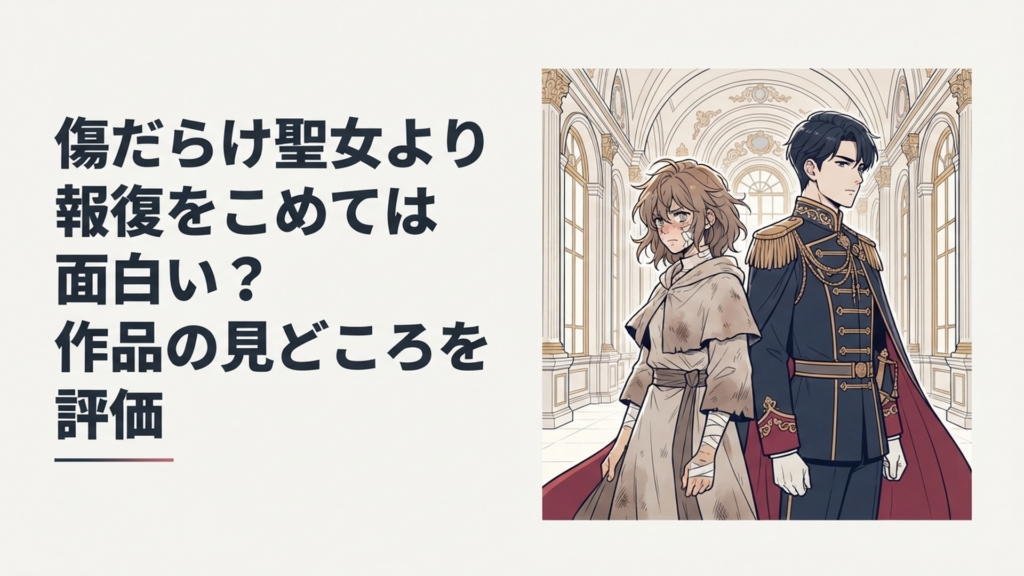 傷ついた聖女を思わせる女性と冷静な第二王子が豪華な宮殿で背中合わせに立つ復讐ロマンスファンタジーのイメージ