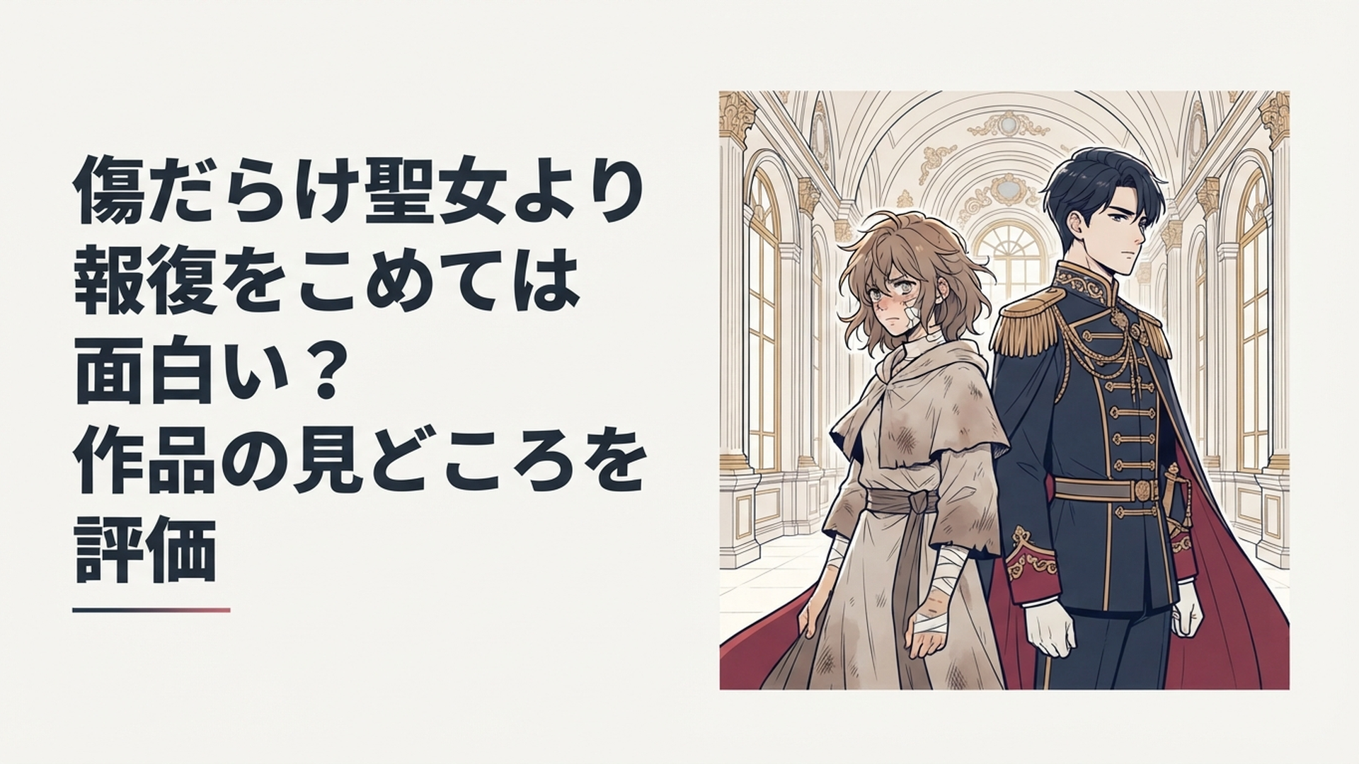 傷ついた聖女を思わせる女性と冷静な第二王子が豪華な宮殿で背中合わせに立つ復讐ロマンスファンタジーのイメージ