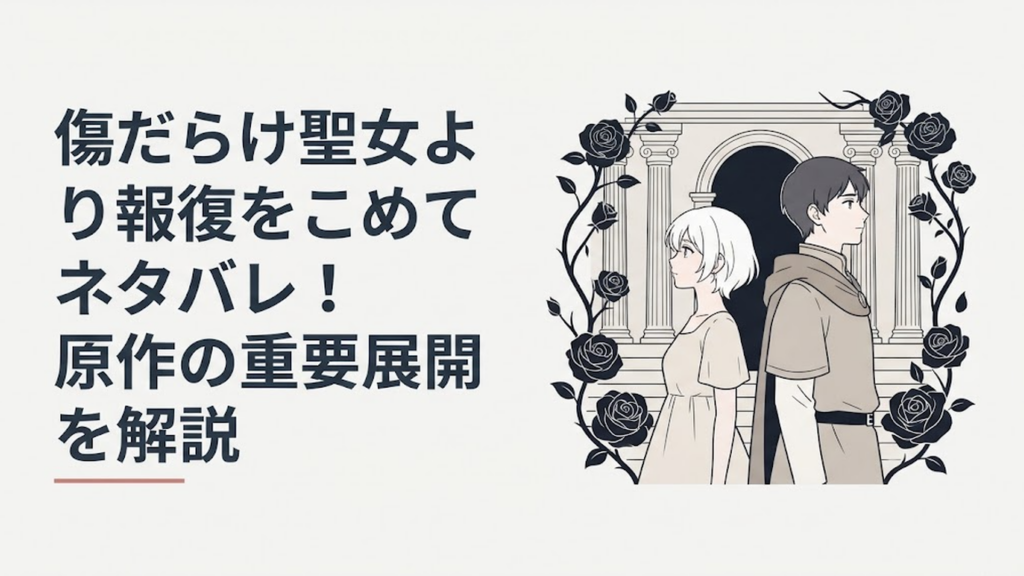 白髪のルーアと第二王子スウェンが神殿と黒い薔薇を背に未来を見据える場面