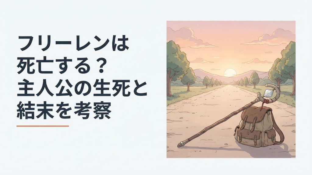 夕暮れの長い街道に古びた魔法の杖と旅鞄が置かれ長い旅と別れを象徴する幻想的な風景