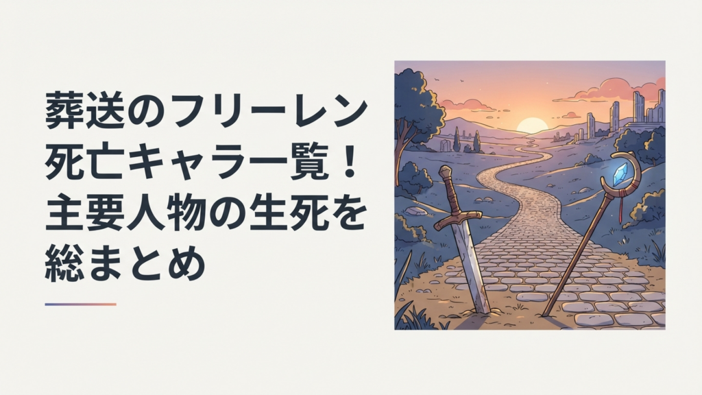 夕暮れの長い街道に勇者の剣と魔法使いの杖が残され、旅と別れと記憶の継承を象徴する幻想的な風景