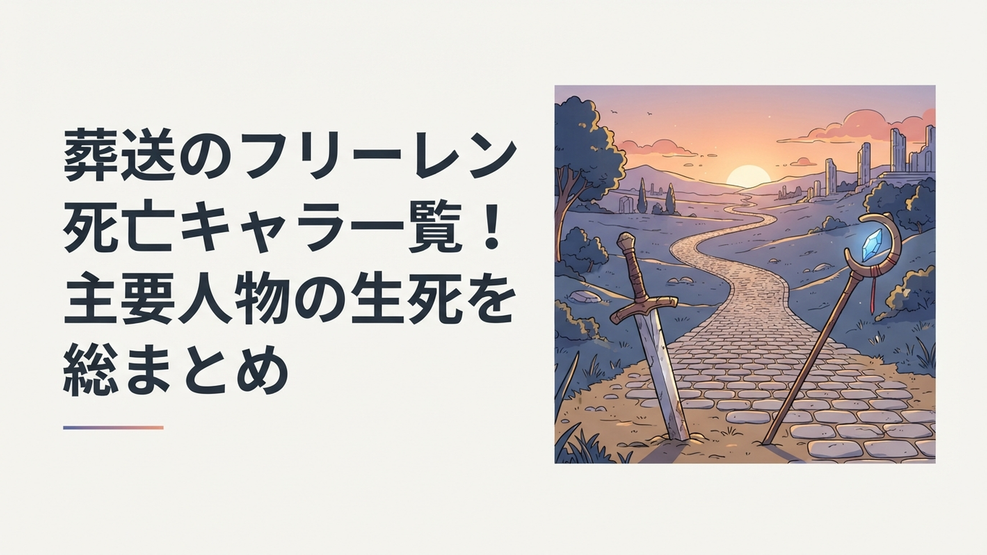 夕暮れの長い街道に勇者の剣と魔法使いの杖が残され、旅と別れと記憶の継承を象徴する幻想的な風景