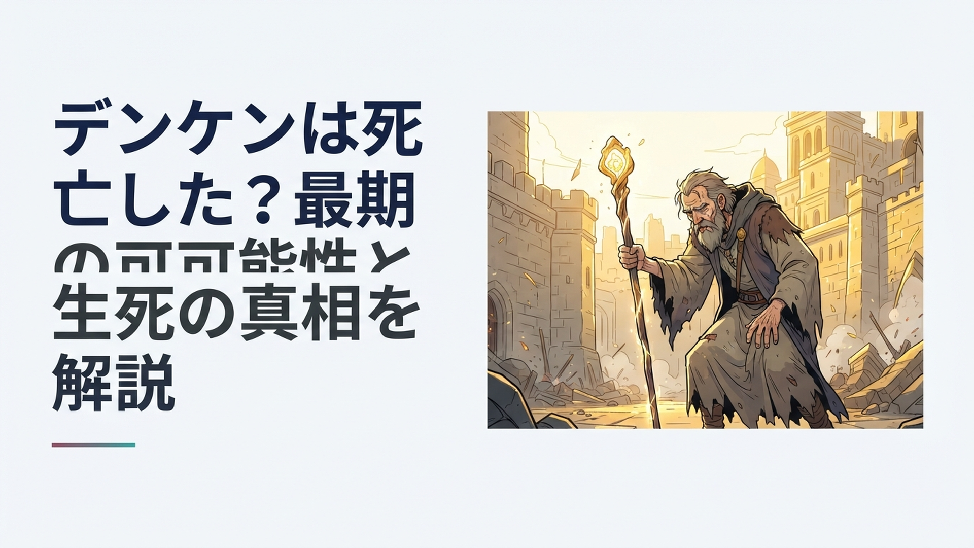 黄金に包まれた城塞都市で傷つきながら杖を握る老魔法使いの緊迫した場面