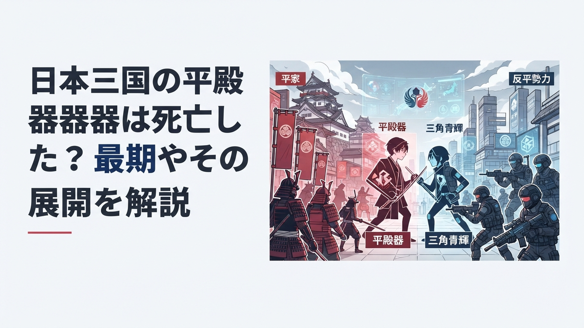 平殿器と三角青輝を中心に平家と反平勢力が対峙する近未来日本の政治戦イメージ