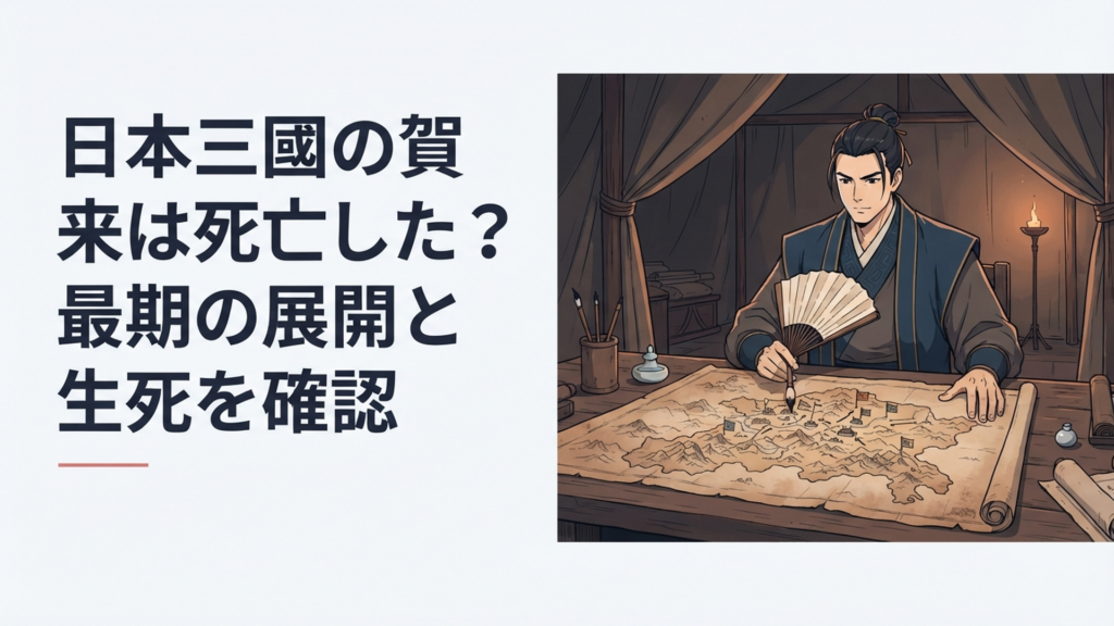 戦場の地図を前に扇子を手に静かに策を練る軍師・賀来泰明をイメージした重厚な場面
