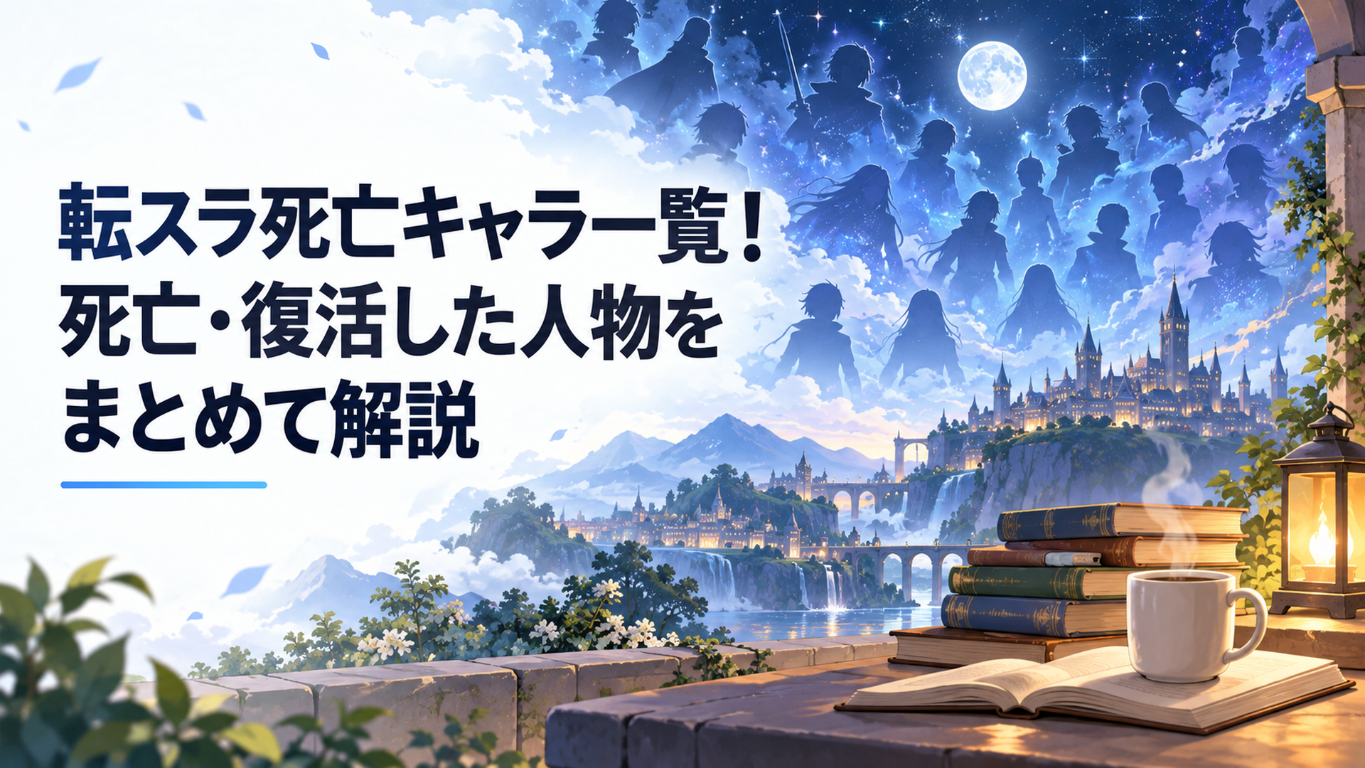 夜空の下、無数のキャラクターのシルエットが浮かぶ転生ファンタジーの世界観をイメージした幻想的な一枚