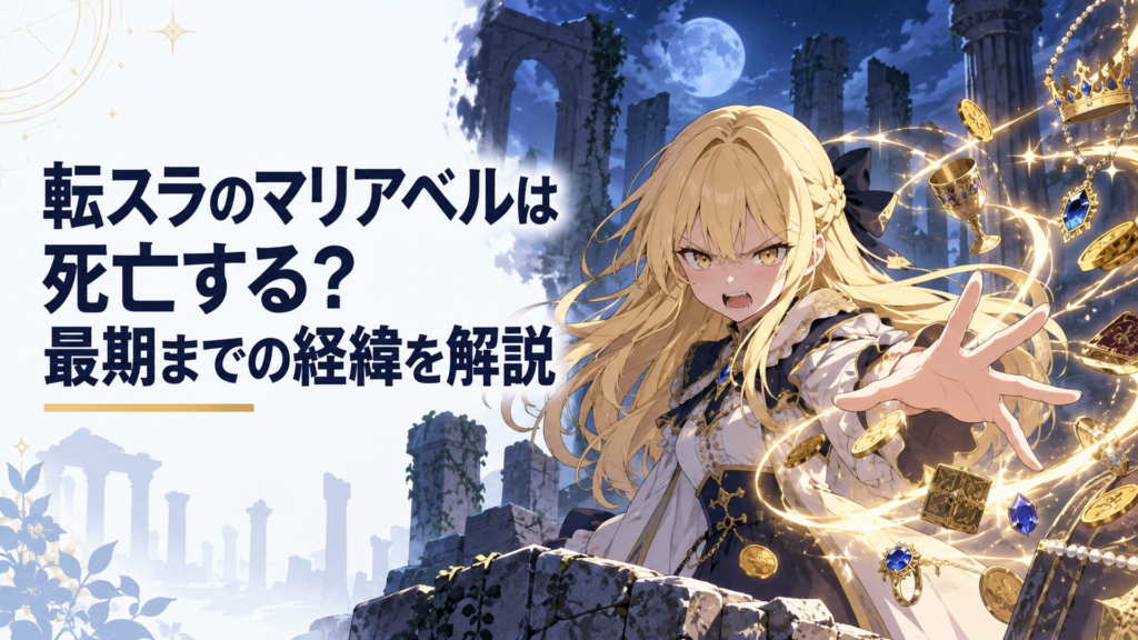 夜の遺跡を背景に、金髪の少女マリアベルが強欲者のスキルを発動させ怒りの表情を浮かべているシーン