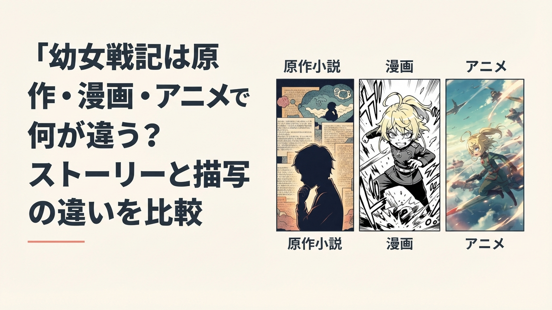 原作小説・漫画・アニメそれぞれで異なるターニャの心理描写と戦場表現を比較するイメージ