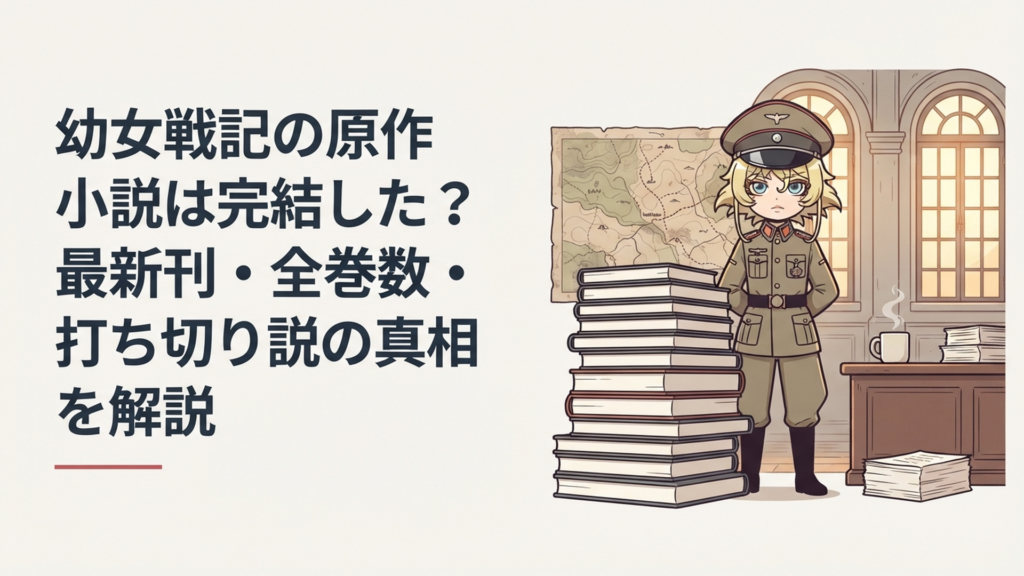 幼女戦記の原作小説14冊と戦場の地図を背景に立つ金髪の幼い軍人をイメージしたシーン