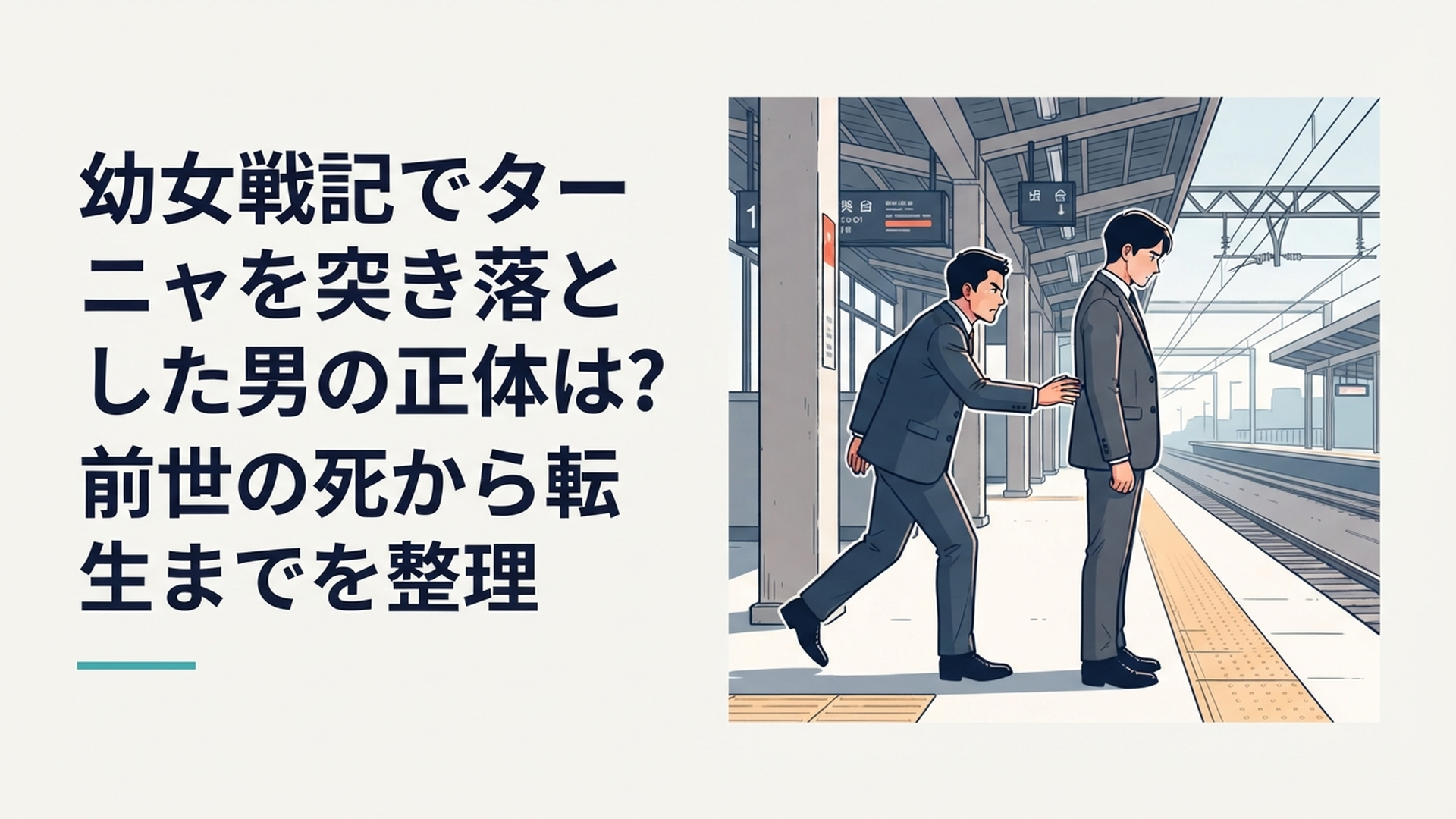 駅のホームに立つスーツ姿の会社員と背後から近づく元部下を描いた緊迫感のある場面