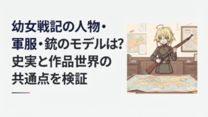 20世紀前半風の軍服を着た金髪の航空魔導士と小銃、参謀本部の作戦地図を組み合わせた架空戦記イメージ