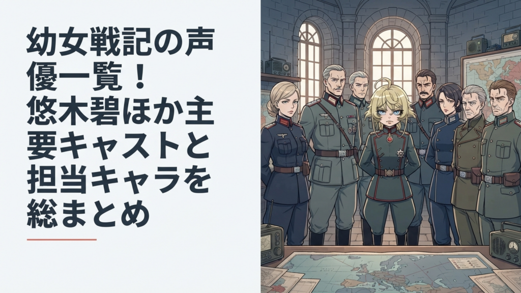 ターニャを中心に帝国軍や敵国の主要人物が並ぶ重厚な戦記アニメ風イメージ
